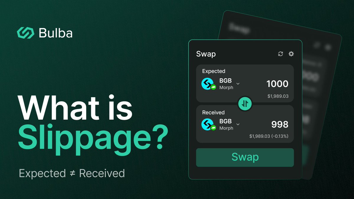 BulbaSwap's tweet photo. Slippage is the gap between what you expect to receive and what you actually receive.

It can happen when prices move before your swap confirms, or when liquidity is thin.
: A low slippage setting may fail your trade.
: A high slippage setting may accept a worse output.

Before swapping, check the final amount you are willing to receive.