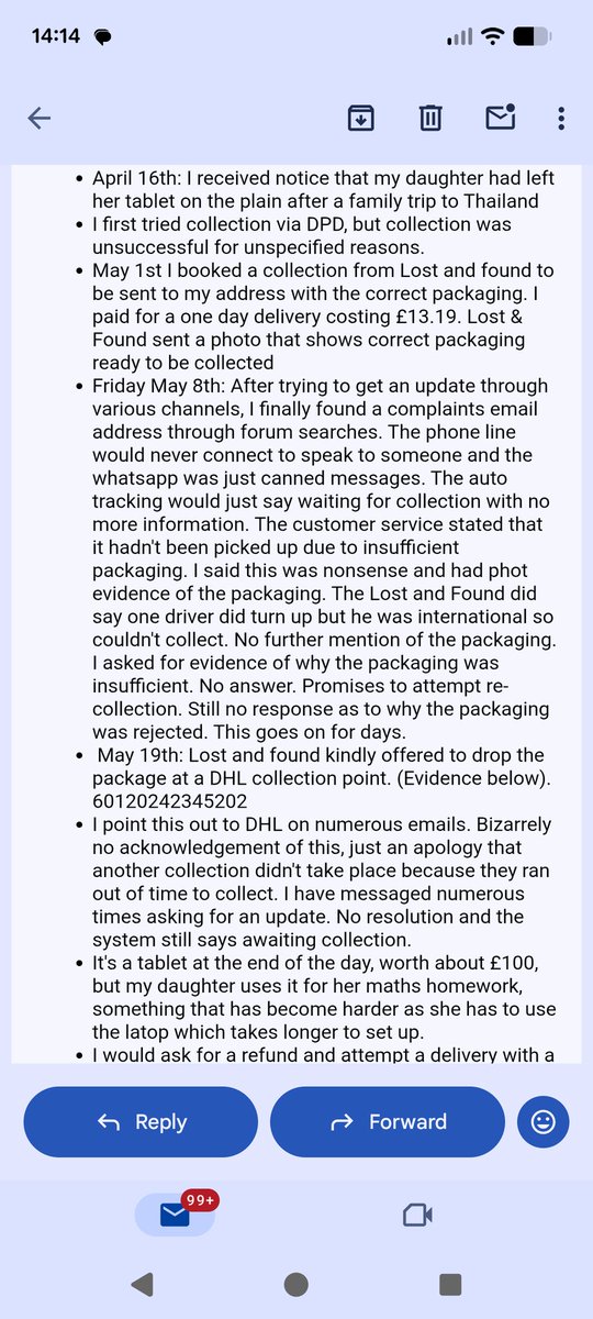 Dave_Ev's tweet photo. @DHLParcelUK Shipment number 60120242345202. My experience to date. It's utterly maddening. I'm trying other channels now as your support function is non responsive. https://t.co/kh1owk44AA