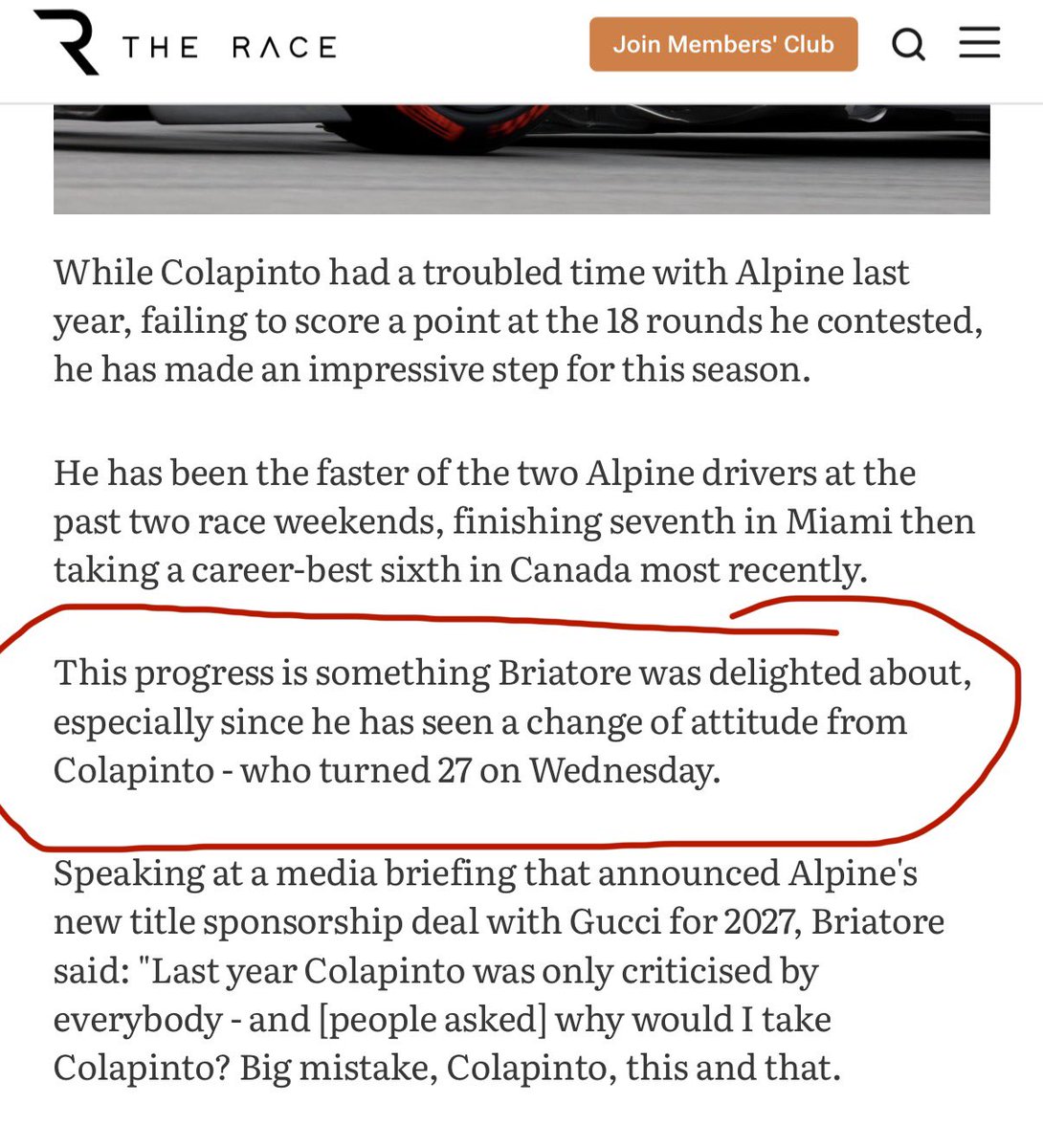 FormulaArgOK's tweet photo. Dear @NobleF1, @FranColapinto is going to continue at @AlpineF1Team in 2027, no matter how hard all of you keep trying to push the narrative that his seat is in doubt. Furthermore, I would like to clarify to you and @wearetherace that Colapinto turned 23 years old, not 27 as the article claims. Best regards!