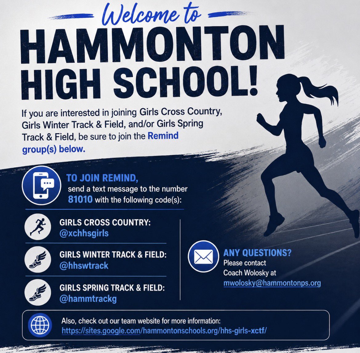 HHSGirlsXCTrack's tweet photo. Information for anyone who is interested in Girls Cross Country, Winter Track &amp; Field, and/or Spring Track &amp; Field at HHS next year! 🏃‍♀️ 💪 https://t.co/yL5a07nfkI