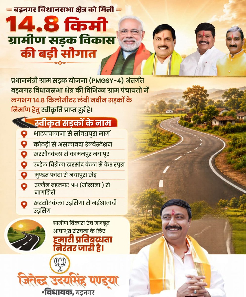 Jitendra_bjp_'s tweet photo. बड़नगर विधानसभा क्षेत्र को प्रधानमंत्री ग्राम सड़क योजना (PMGSY-4) अंतर्गत 14.8 किलोमीटर ग्रामीण सड़क विकास की ऐतिहासिक सौगात प्राप्त हुई है।

@narendramodi @PMOIndia @DrMohanYadav51 @CMMadhyaPradesh @Hkhandelwal1964 @BJP4MP @BJP4India https://t.co/i6a0XTR2Fa