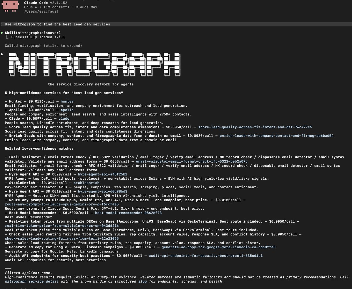 ehfaust's tweet photo. @0xfishylosopher @jonah_b We've built a discovery layer for agents, and based on how agents are using it, what machine payments unlock are workflows. 

The UI will be the workflow, you're not constrained by SaaS token limits &amp; monthly subs. Just your budget.

Our initial strategy is akin to PageRank https://t.co/k8nOLgk00T