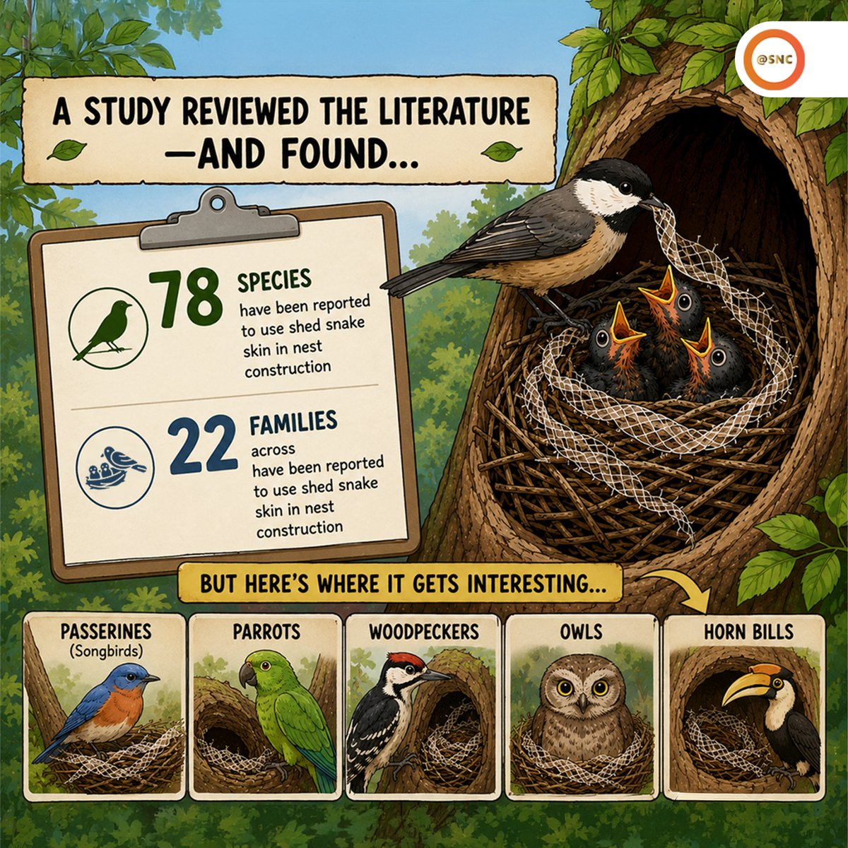 SNCoffice's tweet photo. Some birds use shed snake skin in their nests to scare away predators and protect their eggs and chicks. 🐦🐍

A clever survival strategy that shows how smart nature can be. 🌿✨

#Nature #Birds #Wildlife #NatureFacts #AnimalBehavior #AmazingNature #SNC https://t.co/hnj8zrP05m