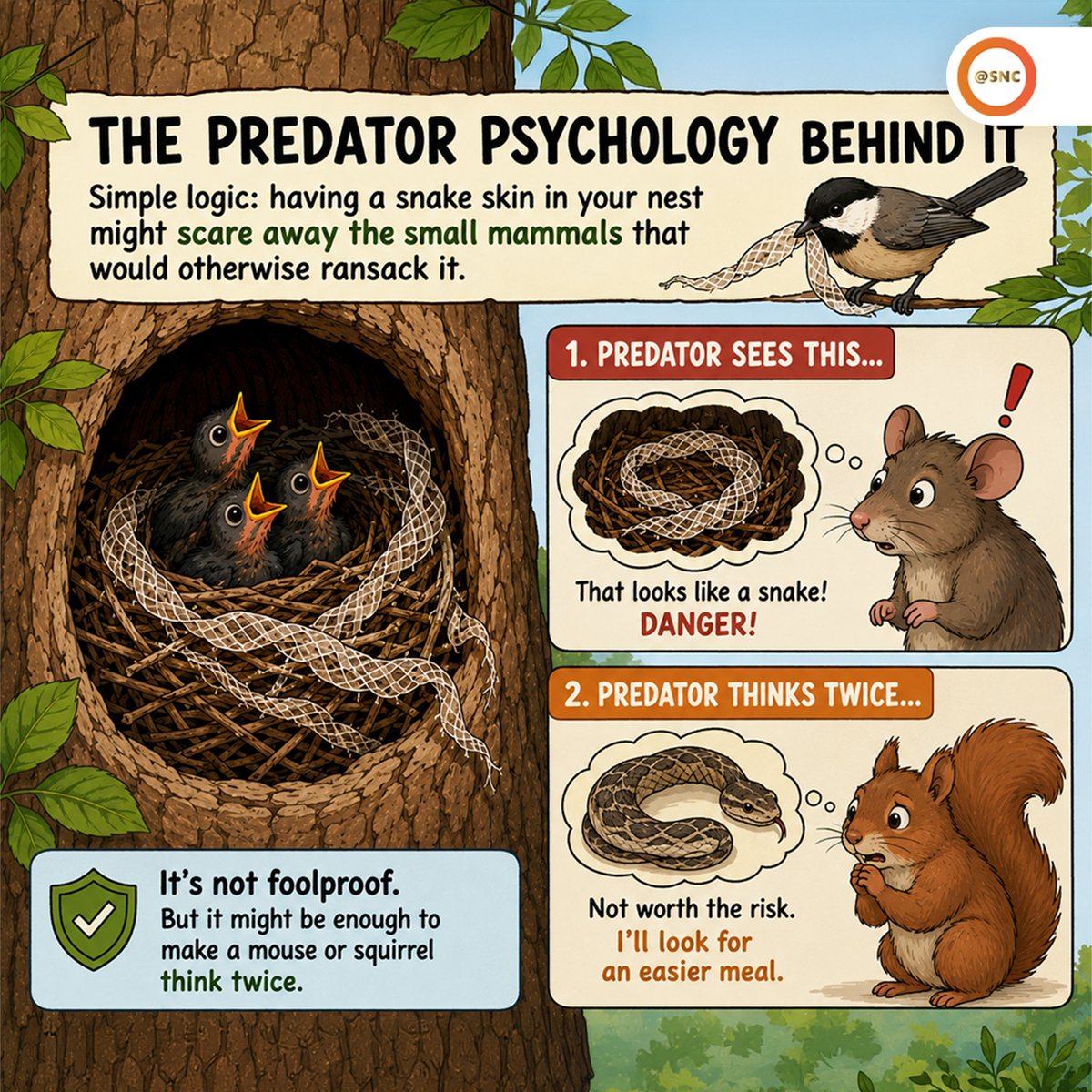 SNCoffice's tweet photo. Some birds use shed snake skin in their nests to scare away predators and protect their eggs and chicks. 🐦🐍

A clever survival strategy that shows how smart nature can be. 🌿✨

#Nature #Birds #Wildlife #NatureFacts #AnimalBehavior #AmazingNature #SNC https://t.co/hnj8zrP05m