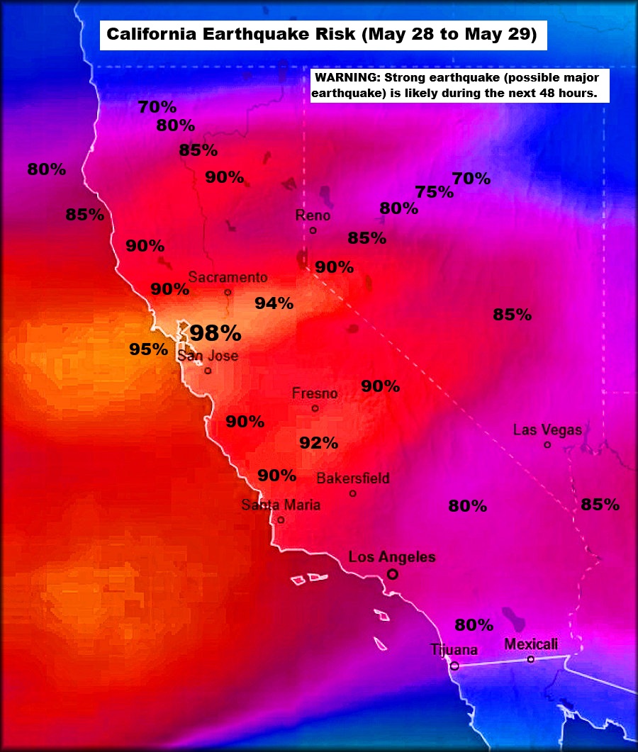 Quakeprediction's tweet photo. ALERT ! - Strong earthquake (possible major earthquake) is likely in the San Francisco Bay during the next 48 hours. https://t.co/NsdGSqncRu