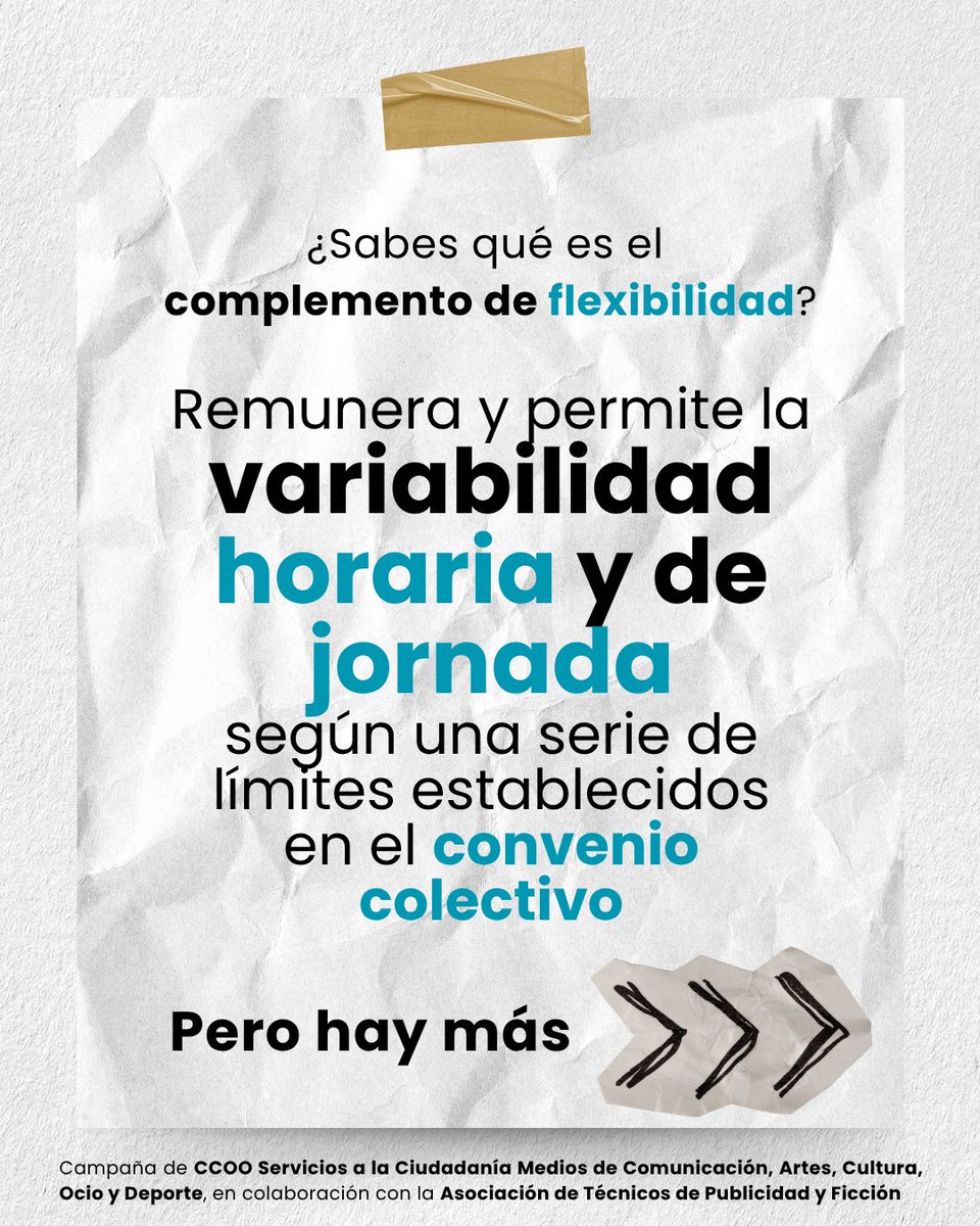 mediosfscccoo's tweet photo. 📢 Si eres personal técnico audiovisual de Publicidad y Ficción esto te interesa➡️

☝🏻¿Sabes qué es el complemento de flexibilidad?
🔗Remunera y permite la variabilidad horaria y de jornada.
🔗Si no se percibe, la jornada será de ocho horas en el horario establecido. 
🙏🏻Si tienes más dudas, contacta con medios@fsc.ccoo.es 
coordinacion@atpf.info