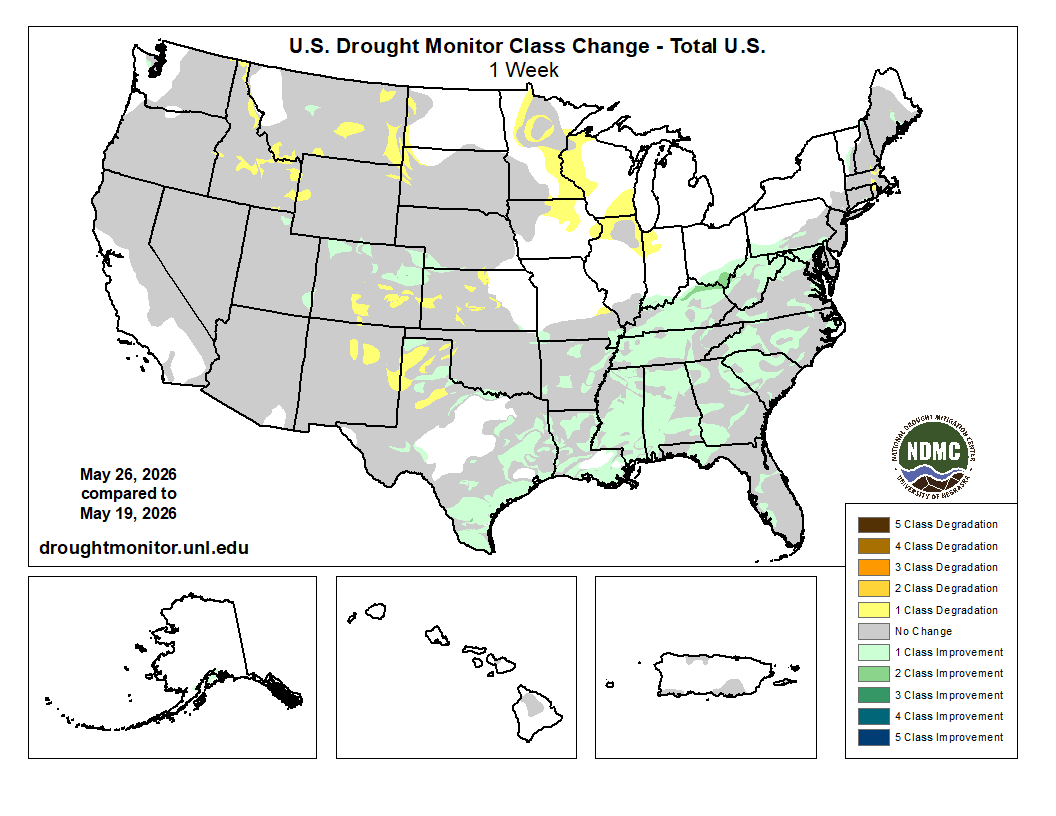 DroughtCenter's tweet photo. @usdaFSA @NOAANCEI @FarmersGov @NOAAClimate @NASAEarth For a full list of this week's changes, see image description. https://t.co/PQE2ljyPXx