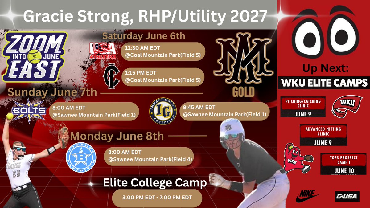 GracieS2027's tweet photo. Ready to get this summer started!  

Zoom Into June East tournament next week and then quickly head back to a much anticipated camp @WKUSoftball !
Psalm 37:5

@AMGold27Wicks 
@ScottCoSoftball 
@AmyLTudor 
@KaylaBixel 
@LindseyWarick 
@MMayeux https://t.co/KKkzmpSUf8