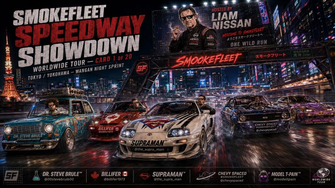 MAGACult2's tweet photo. Tokyo/Yokohama, Japan 
Stop 1: Tokyo/Yokohama Bay run, first-light sprint, polished steel, smoke in the sunrise.  

DriDr. Steve Brule™ (@00stevebrule00) 
Billifer 🇨🇦 (@billifer1973) 
Supraman™ (@the_supra_man) 
CHEVY SPACED (@chevyspaced) 
Model T-Pain™ (@modeltpain) https://t.co/dD7sdcVv4j
