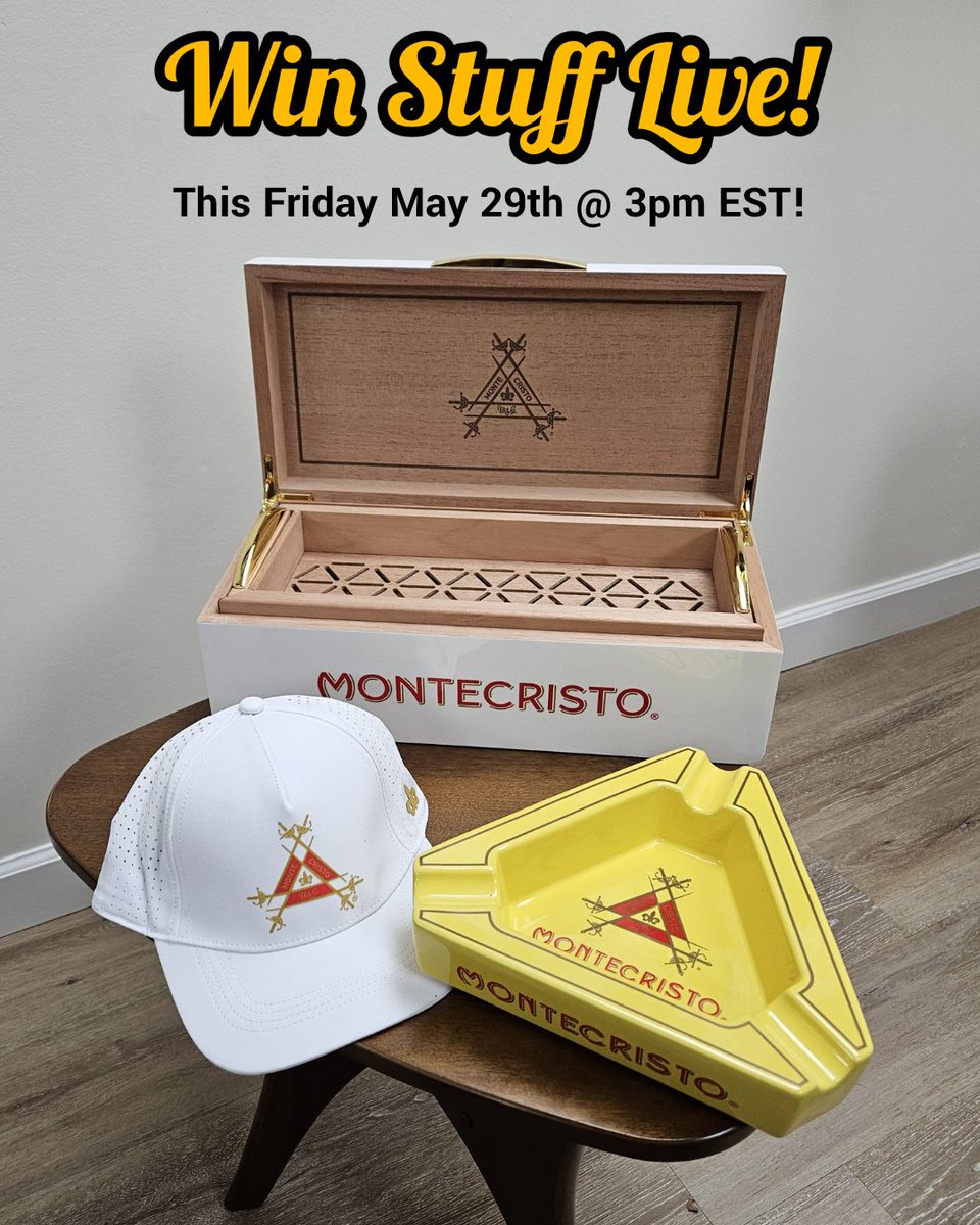 cigarsnobmag's tweet photo. Montecristo is taking over Win, Stuff, LIVE! this Friday.

We’ve got a clean prize lineup this week, including a Montecristo Ceramic Ashtray, a Montecristo White Dri-Fit Hat, and a premium Desktop Humidor.

Prize #1:
A Montecristo Ceramic Ashtray with a retail value of $60 paired with a Montecristo White Dri-Fit Hat valued at $20.

Grand Prize:
A premium Desktop Humidor valued at $300,  .

The full prize lineup has an estimated value of $380.

Join us Friday at 3 PM ET. It’s free to play — jump into the livestream, start guessing, and be the first one with the correct answer.

21+ | US & Canada only | First correct answer wins

Catch us live on Facebook, Instagram, X, and YouTube. Follow @winstufflive so you don’t miss the start.

@cigarsnobmag @winstufflive 
#CigarSnob #WinStuffLIVE #Montecristo #CigarLife #Cigars