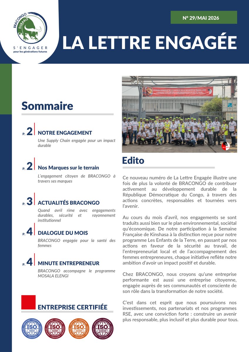 BracongoSa's tweet photo. Plongez au cœur des engagements de BRACONGO à travers ce nouveau numéro de La Lettre Engagée : entrepreneuriat, environnement, sécurité, actions citoyennes et initiatives durables rythment ce mois de mai 2026.

Découvrez comment BRACONGO agit concrètement pour accompagner les communautés, soutenir la jeunesse, promouvoir une logistique plus responsable et faire rayonner ses marques sur le terrain.

#BRACONGO #LaLettreEngagée #RSE #DéveloppementDurable #EngagementCitoyen #Entrepreneuriat #Environnement #Innovation #SécuritéAuTravail #RDC #EntrepriseCitoyenne #ImpactPositif #LesEnfantsDeLaTerre #MosalaElengi #SupplyChain #ResponsabilitéSociétale