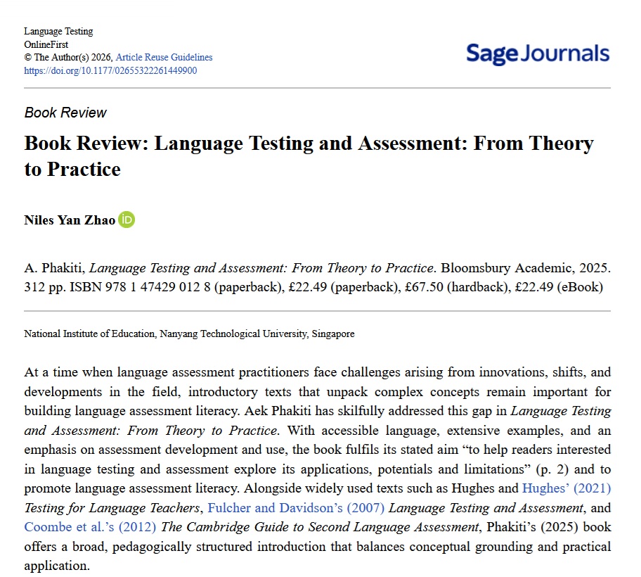 LangTestJournal's tweet photo. Early online access is now available for Niles Yan Zhao's review of Aek Phakiti's (2025) book Language Testing and Assessment: From Theory to Practice. Find the review here: https://t.co/RT3kedxLHg https://t.co/QbIXjWcF9D