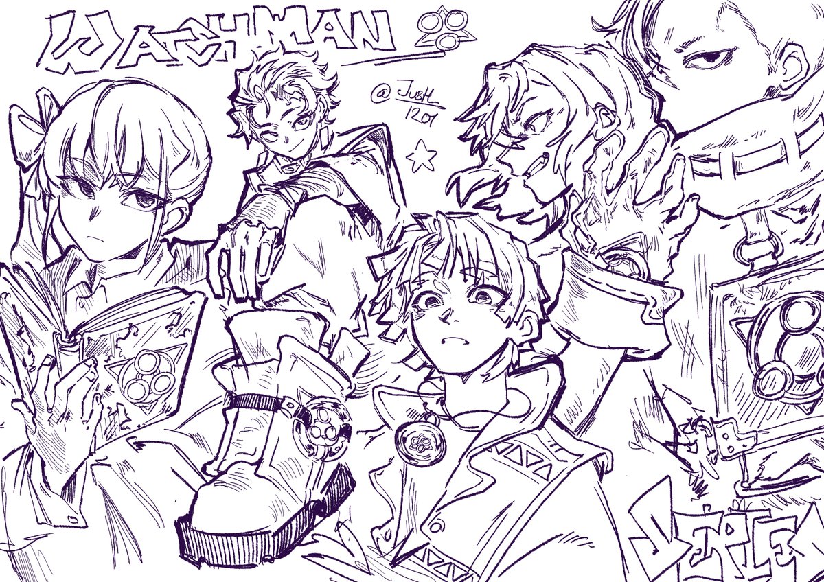 JustL1201's tweet photo. (gachiakuta x kny) the watchman series being the 5 senses gave me an idea (the watch can go to nezuko, i just didnt have space to draw her)
#kny https://t.co/n1o4JnWWyp
