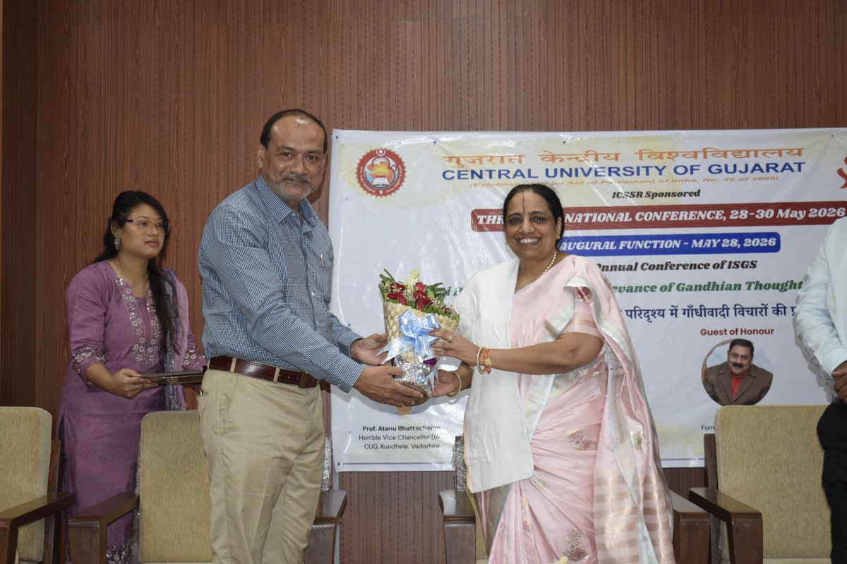 PROCUG1's tweet photo. Three-Day National Seminar on “Gandhi Beyond Boundaries: Relevance of Gandhian Thought in a Global World” inaugurated at the Central University of Gujarat, Vadodara.

The three-day national seminar is jointly organized by the Indian Society of Gandhian Studies (ISGS) and the Department of Gandhian Thought and Peace Studies, Central University of Gujarat. The conference has brought together academicians, research scholars, and Gandhian thinkers from across the country to deliberate on the contemporary relevance of Gandhian philosophy in a global context.

Chief Guest Bhagwati Mahesh Baldwa, Founder of Exorial Group of Industries, said that Mahatma Gandhi’s influence continues to inspire the world and that his autobiography played a significant role in bringing positive global change. She also emphasized that India’s Sanatan cultural tradition strengthened Gandhian thought and values.

Presiding over the inaugural session, Hon’ble Vice-Chancellor (In-Charge) Prof. Atanu Bhattacharya highlighted Gandhi’s journeys, his connection with places, and the significance of his philosophical vision. He also referred to the correspondence between Rabindranath Tagore and Mahatma Gandhi while discussing Gandhi’s ideas in the context of self, nation, and the world.

Keynote speaker Prof. Satish Rai elaborated on Gandhi’s principles of truth, non-violence, and love. Describing non-violence as a philosophy of positive thinking and a virtue of the brave, he emphasized its relevance in present times and its ability to influence not only society but also the human mind and soul.

Seminar Director Prof. Janak Singh Meena welcomed the guests and stated that the seminar is not merely an academic exercise, but also an opportunity to imbibe Gandhi’s contemporary ideas and values. He informed that a total of 16 academic sessions will be conducted during the three-day conference.

On the occasion, ISGS President Prof. Sudhira Jena shared details about the activities and objectives of the society, while General Secretary Prof. Sitaram Choudhary proposed the vote of thanks.

#CentralUniversityOfGujarat #GandhiBeyondBoundaries #GandhianThought #MahatmaGandhi #ISGS #NationalSeminar #PeaceStudies #Vadodara