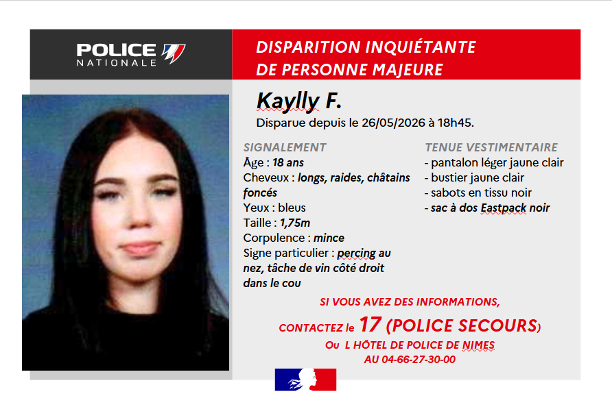 PoliceNat30's tweet photo. Disparition inquiétante de la jeune Kaylly F, âgée de 18 ans, hier en début de soirée à Nîmes. Si vous avez des informations, contactez le 17 police secours ou l'hôtel de police au 04-66-27-30-00. https://t.co/VgkPKxHtUv