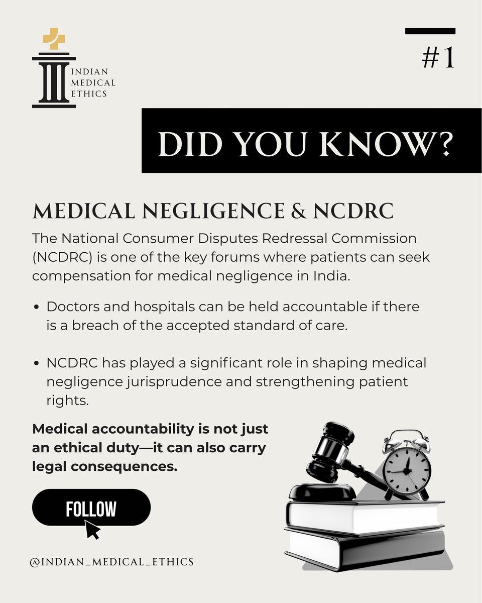 IME2801's tweet photo. Did you know? ⚖️

The NCDRC is one of the key forums where patients can seek compensation for medical negligence in India. Its decisions have helped shape medical negligence law and strengthen patient rights.

#MedicalNegligence #NCDRC #PatientRights #MedicalLaw #IME https://t.co/zBZLb1ZP8c
