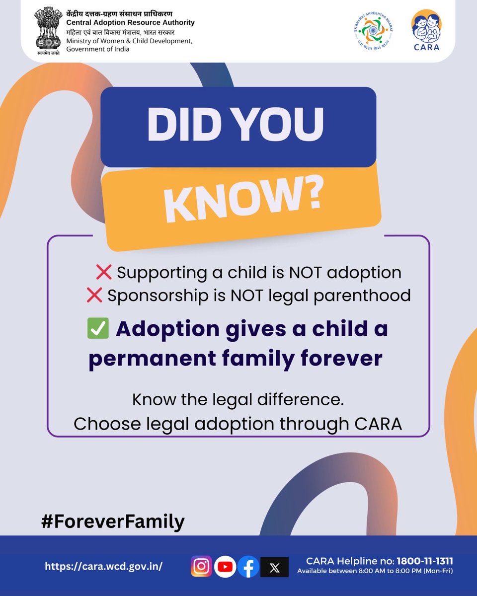 CARAWCD's tweet photo. For authentic and up-to-date information on child adoption, follow CARA on:
🔹 Facebook: https://t.co/UZJvbb8uwv
🔹 Instagram: https://t.co/G1n12JGqKL
🔹 X (Twitter): https://t.co/Si8s7M5Ecx
🔹 YouTube: https://t.co/sdvFHLtTEk
#ForeverFamily #childrights
@MinistryWCD @PIBWCD https://t.co/6yOkeuXZJe