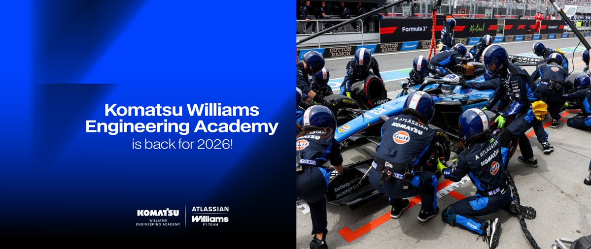FormulaStudent's tweet photo. We are collaborating with @Williamsf1 &amp; @Komatsu to recruit the next Komatsu Williams Engineering Academy class, which offers learning opportunities, factory experiences &amp; more to supercharge your career! Entries for #Formulastudent finalists open 8 June https://t.co/JB1RtmfbKN https://t.co/quhbr6rlXL