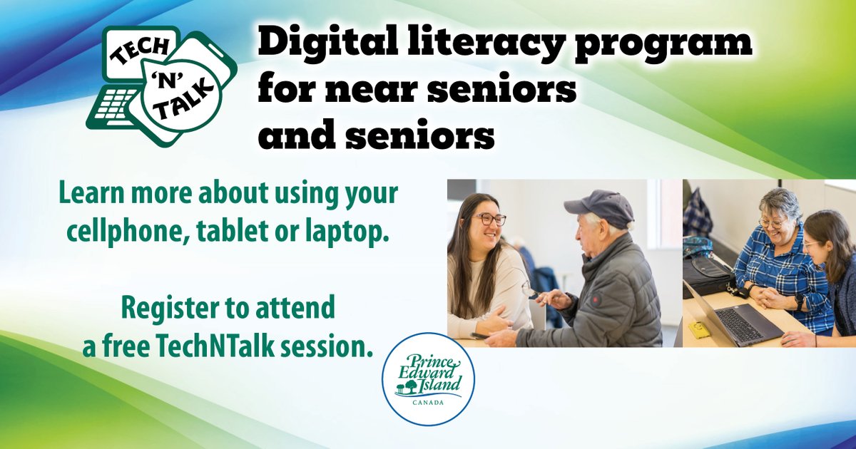 InfoPEI's tweet photo. Are you over 55 and want to learn more about using your cellphone, tablet or laptop?
Attend a FREE TechNTalk session near you! Events are happening all summer long across PEI. 
Register online or contact 782-772-6783 | seniors@gov.pe.ca 
Learn more here https://t.co/IjrCjFIqGl https://t.co/39K2JuQmJJ