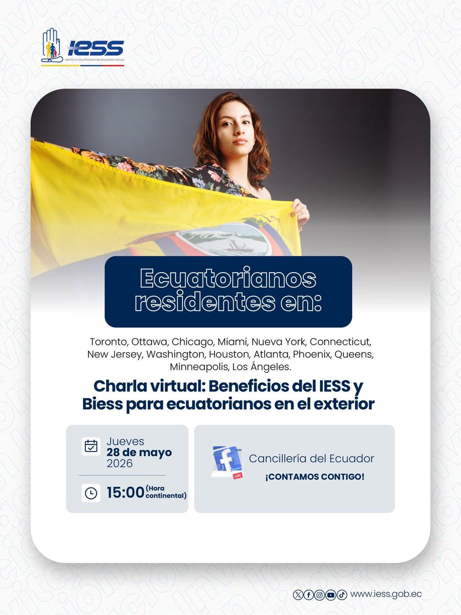 CECUATLANTA's tweet photo. 📍Conéctate HOY a la charla virtual del IESS

Únete a esta jornada informativa dirigida a los ecuatorianos que residen en Estados Unidos, acerca de los beneficios y servicios que ofrecen el IESS y el BIESS. 🇪🇨️

Facebook Live de Cancillería Ecuador
⏰15h00 (hora de Ecuador) https://t.co/8c2794QWjk