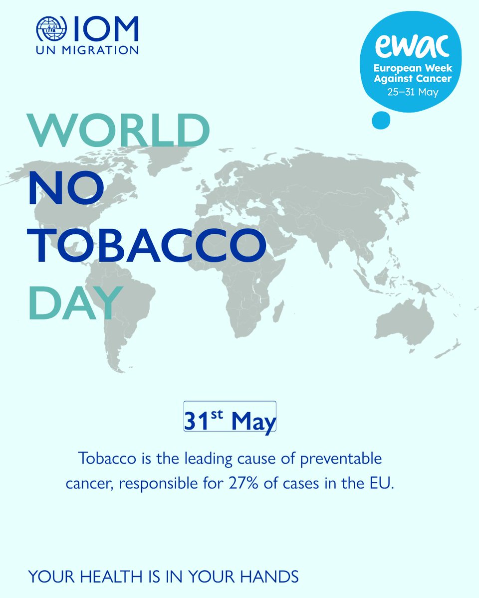 IOMSlovakia's tweet photo. 🚭 World No Tobacco Day is on 31 May.
But wouldn’t it be great if every day was a no tobacco day?
Tobacco remains one of the preventable causes of cancer and is responsible for 27% of cancer cases in the EU.
✔️ Do not smoke
#WorldNoTobaccoDay #EWAC2026 #yourhealthisinyourhands https://t.co/wXklqN9MJp