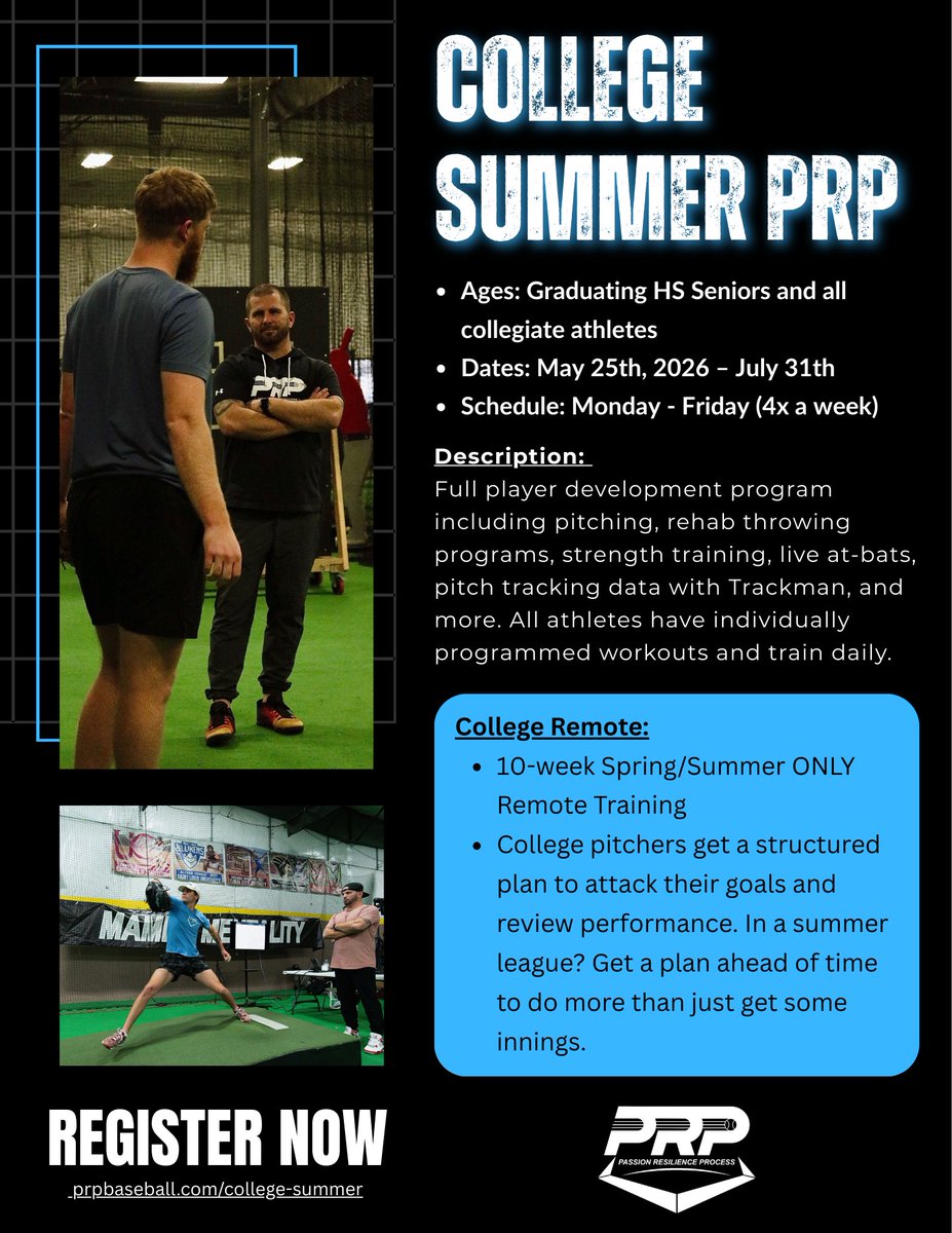 PRPBaseball101's tweet photo. Learn more about College Summer PRP options for on-site or remote programming through August at https://t.co/lOTTNqu2QL! https://t.co/oxlwo6Xjp3