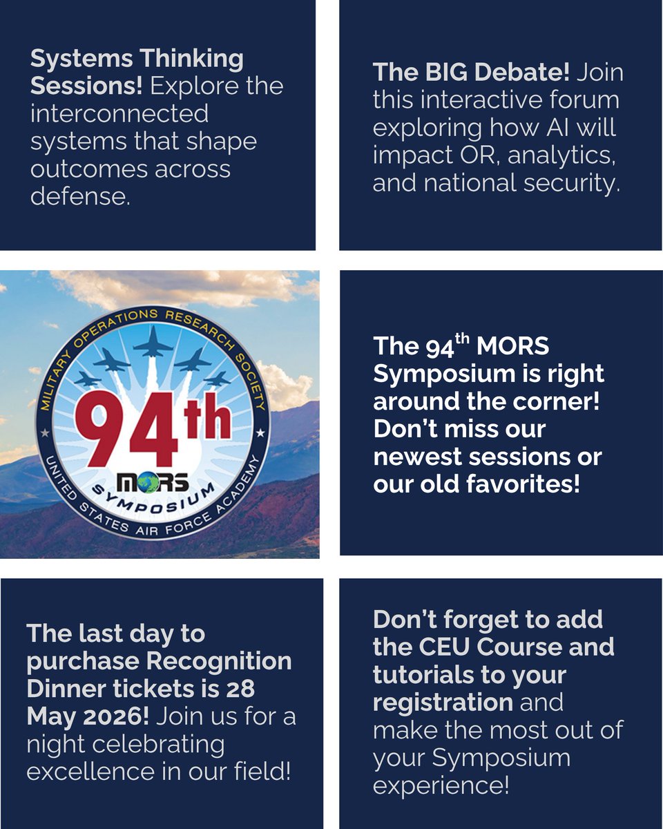morsanalytics's tweet photo. Join us at the 94th MORS Symposium and enjoy a week dedicated to advancing decision-ready analysis in support of the warfighter.

https://t.co/z1qrkPjxx6
#MORSSymposium #OperationsResearch #NationalSecurity #SystemsThinking #ArtificialIntelligence #DataAnalytics https://t.co/PK3ZFFNfMN