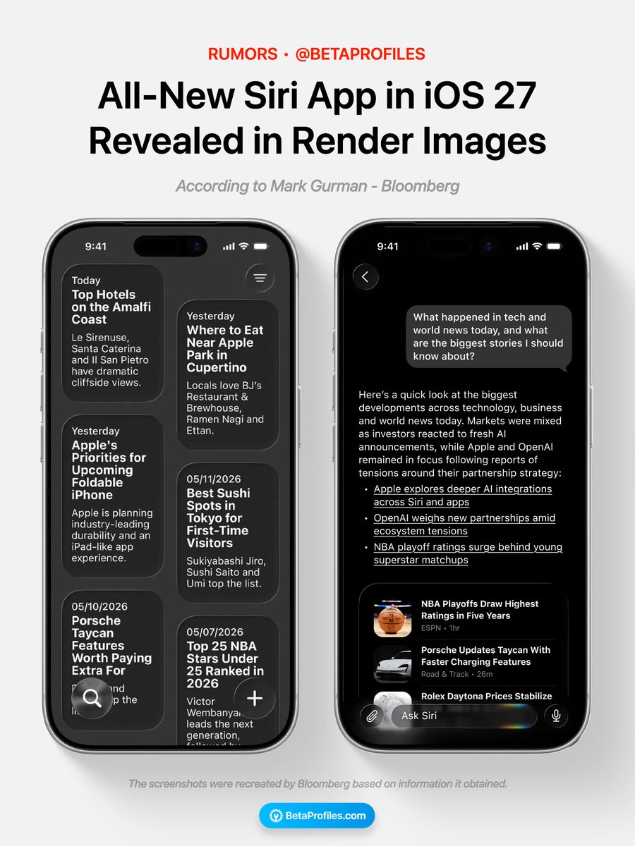 BetaProfiles's tweet photo. The all-new Siri app in iOS 27 has been revealed through new render images from Bloomberg. The app will support two-way conversations, along with message history that can be set to automatically delete. https://t.co/NSqai8HVgg