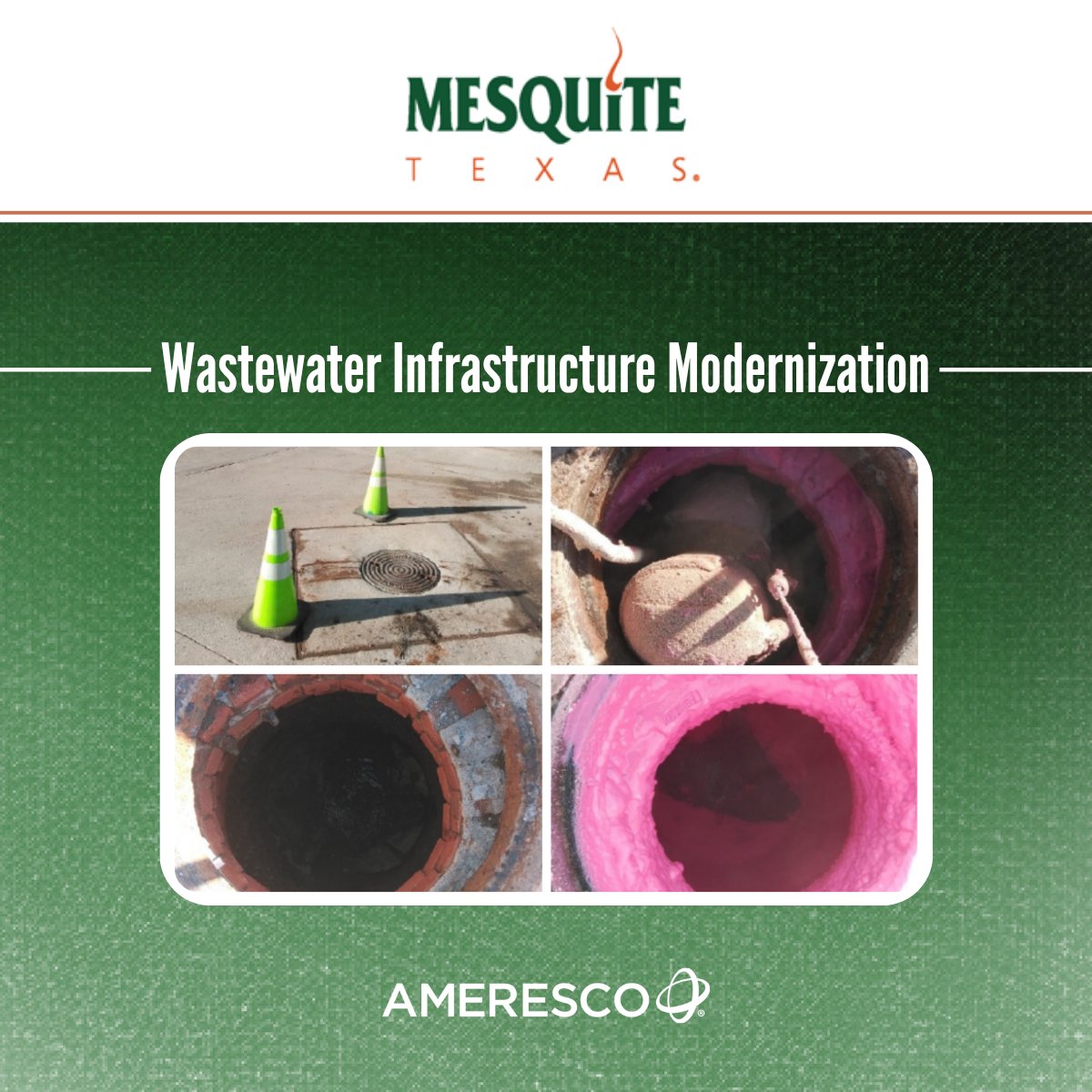 Ameresco's tweet photo. We're proud to continue our partnership with @cityofmesquite, completing the first phase of a citywide manhole rehabilitation initiative to improve #wastewater system reliability, long-term performance, and community safety. Learn more: https://t.co/eN5mhFf79W https://t.co/ggdRZifP4S