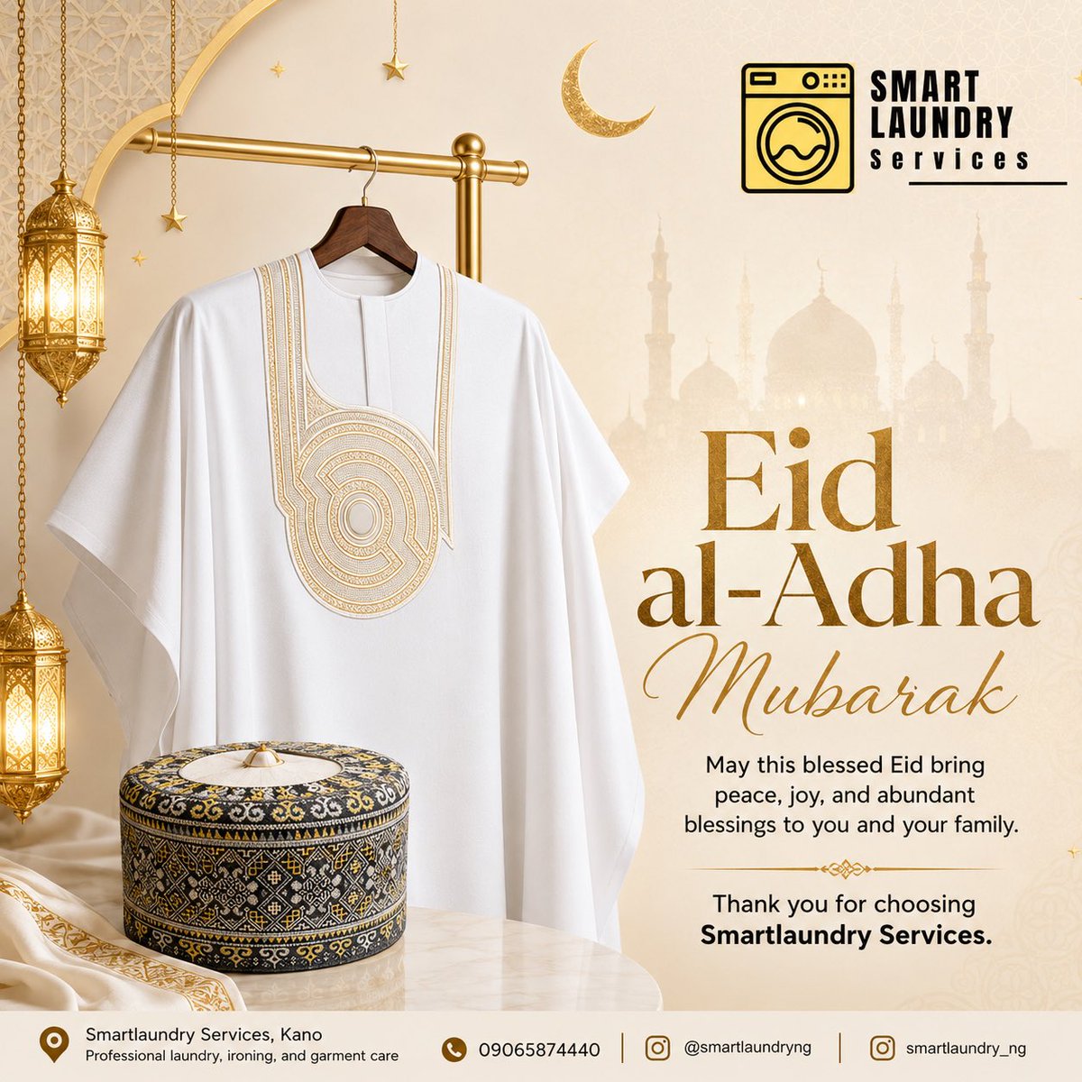 smartlaundryng's tweet photo. Eid al-Adha Mubarak

May this blessed Eid fill your home with peace, joy, and countless blessings.

Thank you for choosing Smartlaundry Services. https://t.co/vKIjOQdK9z