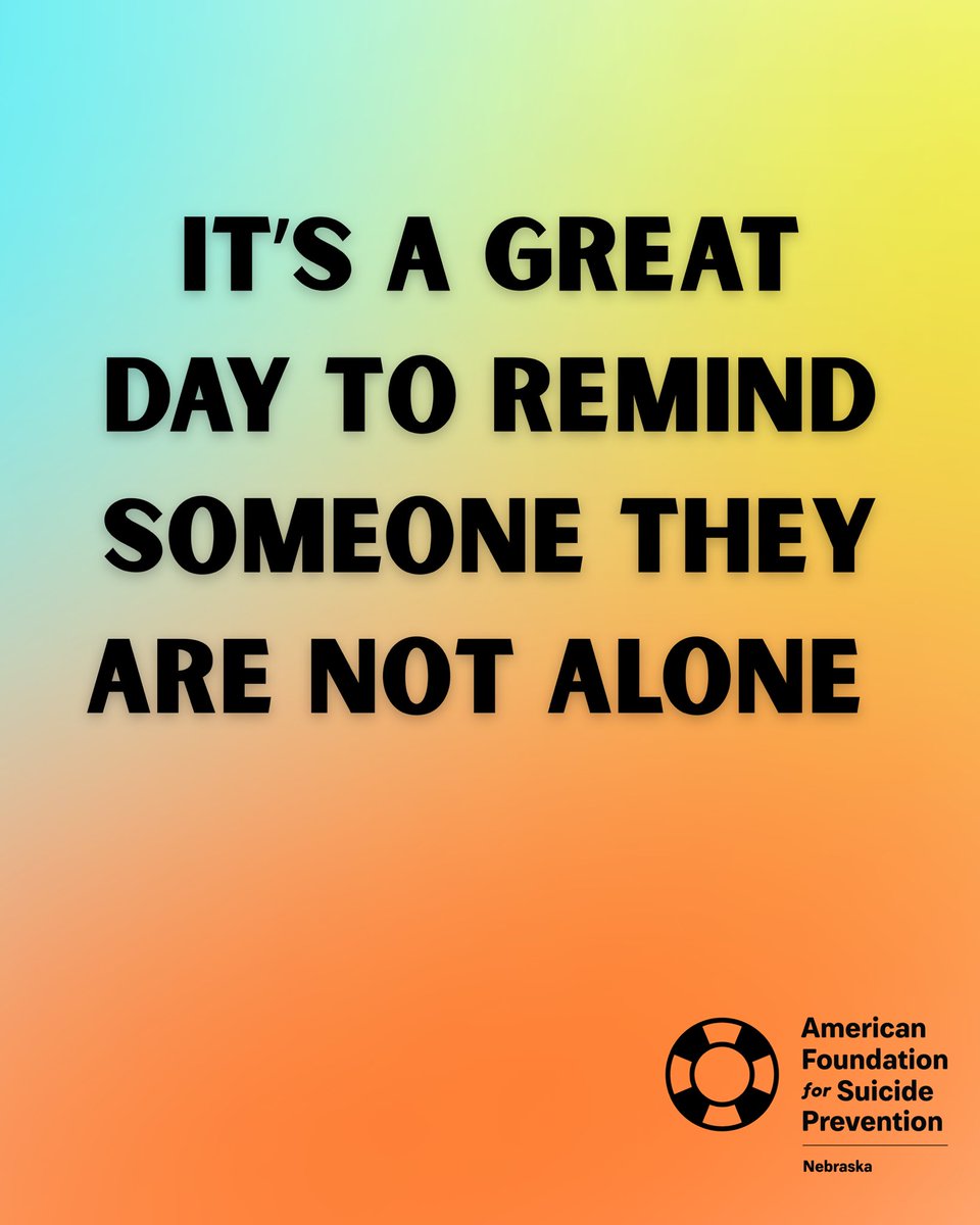 AFSPNebraska's tweet photo. Today is a great day to remind someone they are not alone. 

Sometimes the smallest gesture makes the biggest difference. A quick text, a call, or a simple “thinking of you” can mean more than you know. 

Connection matters. You matter. Who will you check in with today? 💛 

#YouAreNotAlone #SuicidePrevention #RealConvo