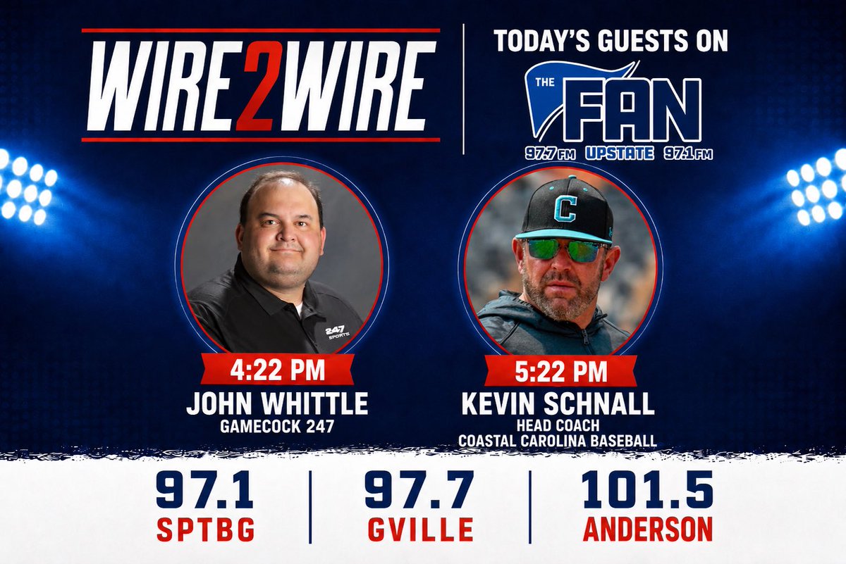 TheColeBryson's tweet photo. TODAY 👇 

4:22pm: @johnmwhittle of @247Gamecocks 
5:22pm: @KSchnall9 of @CoastalBaseball 

Listen live on @TheFanUpstate 📻 https://t.co/BYsurx89ay