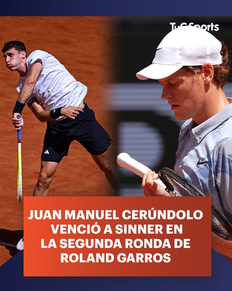 TyCSports's tweet photo. ¡JUANMA CERÚNDOLO BAJÓ AL NÚMERO UNO DEL RANKING ATP! 🎾💪🏻 

El tenista argentino (56°) venció por 3-6, 2-6, 7-5, 6-1 y 6-1 al italiano, que sufrió mareos y molestias físicas en el cierre del tercer parcial. Juanma espera en la tercera ronda de Roland Garros por Vit Kopriva (66°) o Martín Landaluce (69°).