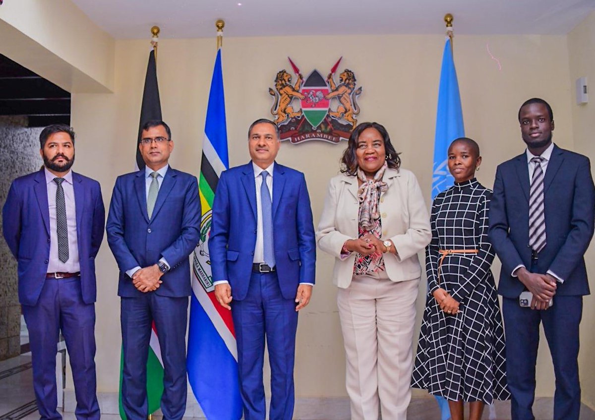 Kmunep's tweet photo. Am/PR @IdaOdinga held talks with PR of India to UNEP @AdarshSwaika1 on cooperation in tackling global environmental challenges including through implementation of UNEA-7 resolutions on AI, AMR &amp; wildfires, and Kenya's 15B by 2032 &amp; India's plant4mother tree-planting initiatives. https://t.co/kBfqRW66pn