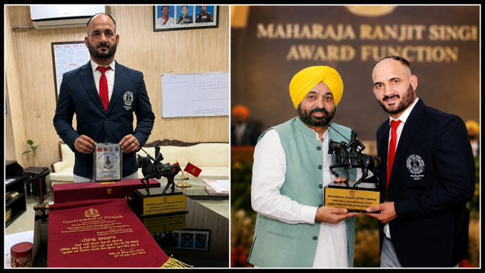 shieldof_india's tweet photo. #ExcellenceInSports #KheloIndia #VajraCorps applauds  Shri Surinder Kamboj (Hearing &amp; Speech Impaired) of #GoldenArrowDivision Ordnance Unit on being conferred with Punjab State Award and Maharaja Ranjeet Singh Trophy for his achievements in Wrestling. https://t.co/0ip93P5XkJ