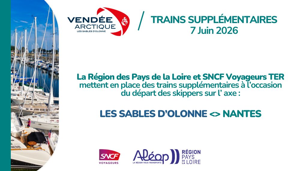 TERPays2LaLoire's tweet photo. ⛵️ La Vendée Arctique s'élance des Sables-d’Olonne le dimanche 7 juin ! Et si vous rejoigniez l’événement en train ?
🚆 La Région @paysdelaloire et SNCF TER adaptent l’offre de trains vers #LesSablesdOlonne, avec des circulations supplémentaires pour faciliter vos déplacements 👉 https://t.co/BVzpzknqvZ
@VendeeGlobe
