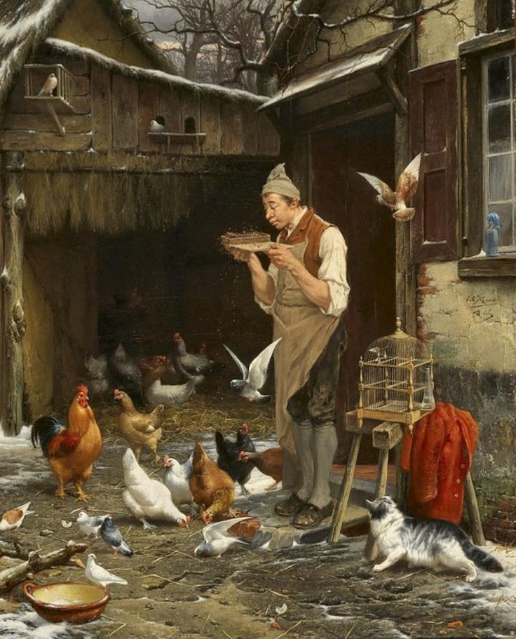 luck607's tweet photo. Jan David Col. Un uomo che nutre le sue galline e le sue colombe 1880. https://t.co/flDSBHHR2d