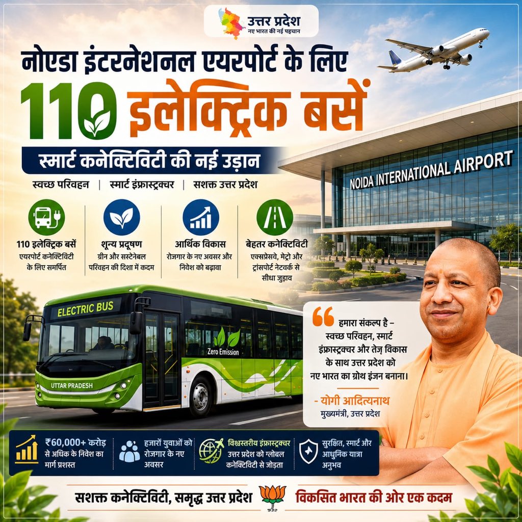 AwasthiAwanishK's tweet photo. नोएडा इंटरनेशनल एयरपोर्ट को लेकर उत्तर प्रदेश अब भविष्य की आधुनिक और ग्रीन कनेक्टिविटी की दिशा में तेज़ी से आगे बढ़ रहा है। माननीय मुख्यमंत्री श्री @myogiadityanath जी,  के नेतृत्व में प्रदेश में इलेक्ट्रिक मोबिलिटी, एक्सप्रेसवे और लॉजिस्टिक इंफ्रास्ट्रक्चर को नई रफ्तार मिल रही है।
110 इलेक्ट्रिक बसों की सुविधा केवल यात्रा को आसान नहीं बनाएगी, बल्कि यह स्वच्छ, स्मार्ट और टिकाऊ उत्तर प्रदेश के विज़न को भी मजबूत करेगी। बेहतर कनेक्टिविटी, तेज़ विकास और बढ़ते निवेश के साथ यूपी आज नए भारत की प्रगति का मजबूत केंद्र बनता जा रहा है।