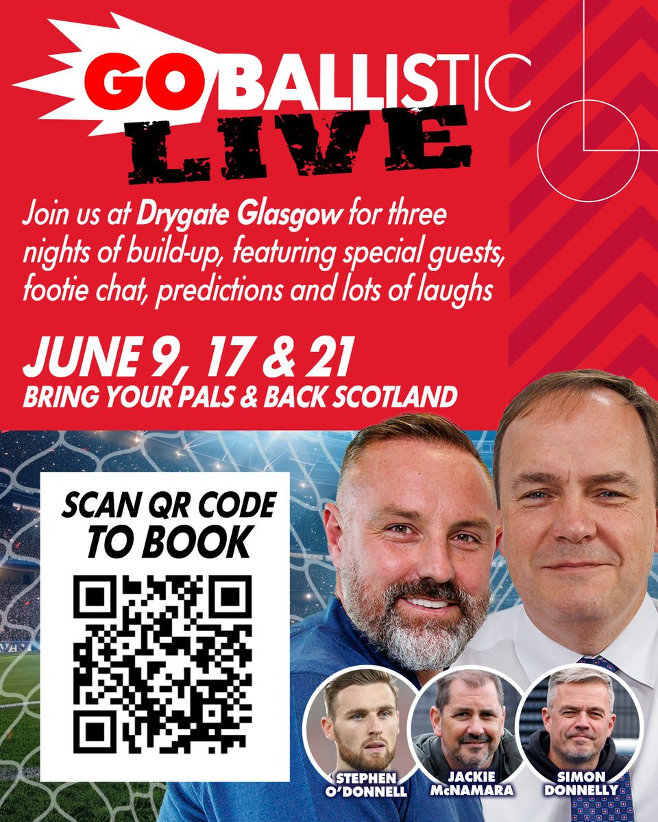 scotsunsport's tweet photo. 🏴󠁧󠁢󠁳󠁣󠁴󠁿⚽ Go Ballistic LIVE ⚽🏴󠁧󠁢󠁳󠁣󠁴󠁿

Join Kris Boyd, Roger Hannah, Jonathon Moar &amp; special guests for three HUGE World Cup preview nights.

Get tickets for just £10 HERE: https://t.co/00rwZU6g8N

Or become a Sun Club member for exclusive half-price tickets for £5: https://t.co/veaTkuRQef https://t.co/TzDvcMTKlK