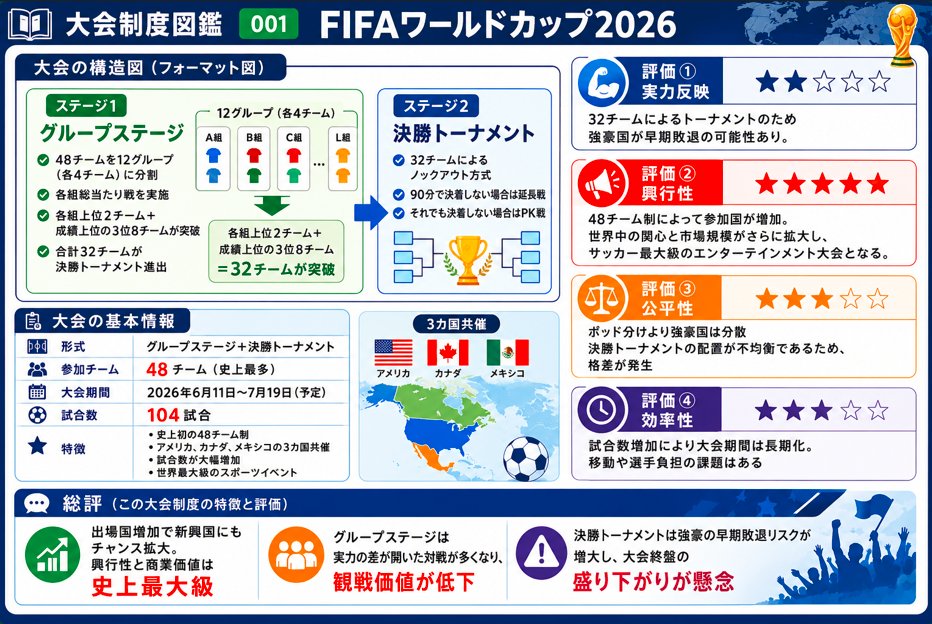 ry87hiro's tweet photo. 【#大会制度図鑑】
#001
FIFAワールドカップ2026

大会方式を、
“実力反映”
“興行性”
“公平性”
“効率性”
の4視点で分析していきます。 https://t.co/abliMO2d4o