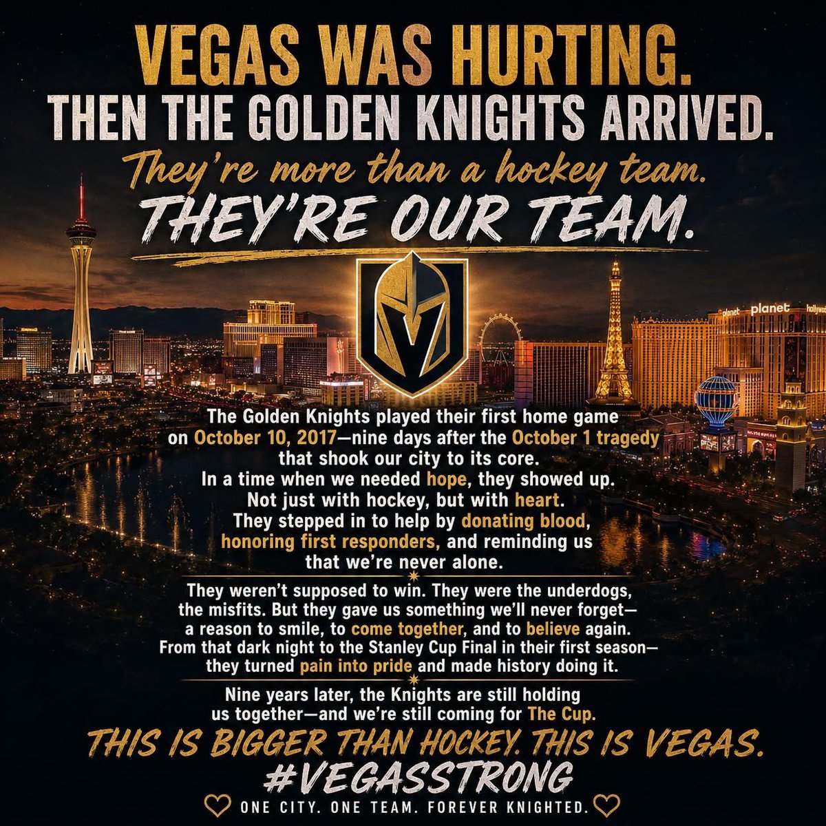 hockeygirlspod's tweet photo. I keep seeing posts saying the Vegas Golden Knights are “spoiled,” “undeserving,” or that we don’t understand pain because our hockey history isn’t as long as other franchises.

Maybe we don’t have decades of Stanley Cup heartbreak behind us. But Las Vegas knows a different kind of pain. A deeper one.

In one of the darkest moments our city has ever faced, this team gave people something to hold onto again. Hope. Pride. Unity. A reason to come together when we needed it most.

That’s why I’ll forever stand with the Golden Knights. This has always been bigger than hockey.

💛🖤 #VegasStrong #VegasBorn #GoKnightsGo #forgedingold
