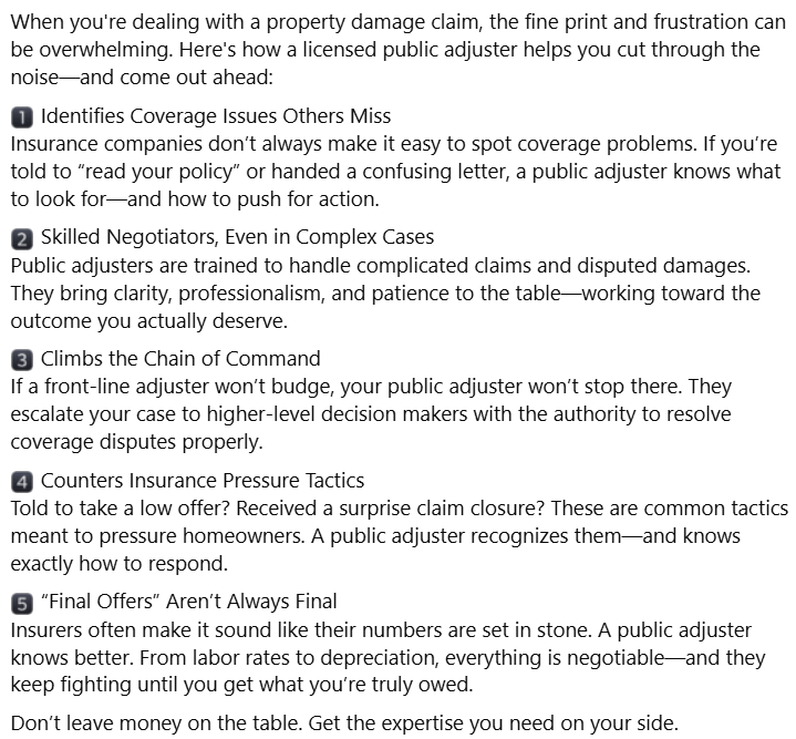 PropertyClmPro's tweet photo. Don’t leave money on the table. Get the expertise you need on your side!

📲 https://t.co/CcarPA7YMa
📞 (347) 559-1763
📧 PropertyClaimsPro@yahoo.com

#insuranceclaim #homeowner #homeownerclaim #homerepair #flood #roof #fire #propertydamage #stormdamage https://t.co/cqq7RoRmu5