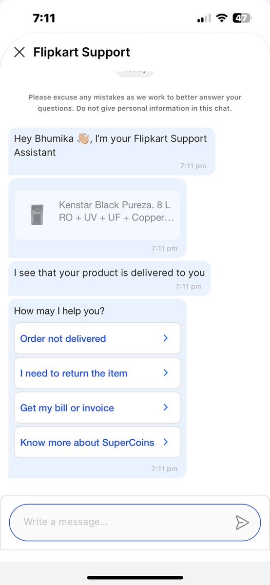 v_yadav7's tweet photo. This is the so called response your team is giving me @flipkartsupport @Flipkart @kenstar_india
Your team is not giving any support on this Worst customer service @flipkartsupport @jagograhakjago
Complaint ID MQC0138361 https://t.co/J1bnWT4pR1