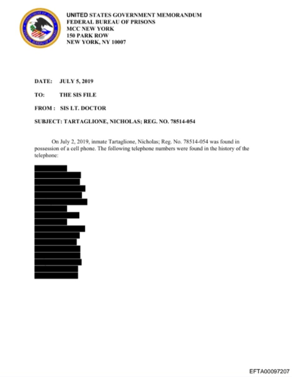 MarkLynchSC's tweet photo. Tell us more about Nick Tartaglione, Dan.

Here are the phone numbers Epstein's jailer called just before Jeffrey Epstein turned up dead. 

What are the names of the people on Targagliione's call sheet? 

Whom did Tartaglione speak with just before Epstein "killed himself"? 

Was Jeffrey Epstein murdered by Nicholas Tartaglione? 

Seems likely. The guy is in prison serving four life terms for murder at the moment. 

Clay Tiffany was a local gadfly who was repeatedly assaulted by then-cop Nicholas Tartaglione. 

Tiffany, who died in 2015 allegedly of natural causes, reported that Tartaglione told him that he -- Tartaglione -- was in the mafia. 

Was Tiffany correct about Tartaglione being in the Mafia?

Remember, Tartaglione was prosecuted for a brutal quadruple murder. 

https://t.co/npoAetWuxe

In 2015, Epstein was identified as part of probe code named Operation Chain Reaction by the DEA's Special Operations Division and the Organized Crime Drug Enforcement Task Forces. 

Tartaglione, then facing murder charges, called Epstein a “rat”. 

In a series of audio interviews with Jessica Kraus, Tartaglione discusses Epstein becoming an informant for the Department of Justice.

The NY Times conveniently ignores that claim.

https://t.co/mo377vnuhw

Is it possible Epstein was cooperating with authorities?

If he was, is it likely that organized crime didn't want him talking with th feds and ruining their drug racket? 

We're talking about organized crime on a global scale, and international drug trafficking, running right through to top donors that could even reach top donors and the White House.  

We need COMPLETE TRANSPARENCY and TOTAL RELEASE of the Epstein files.