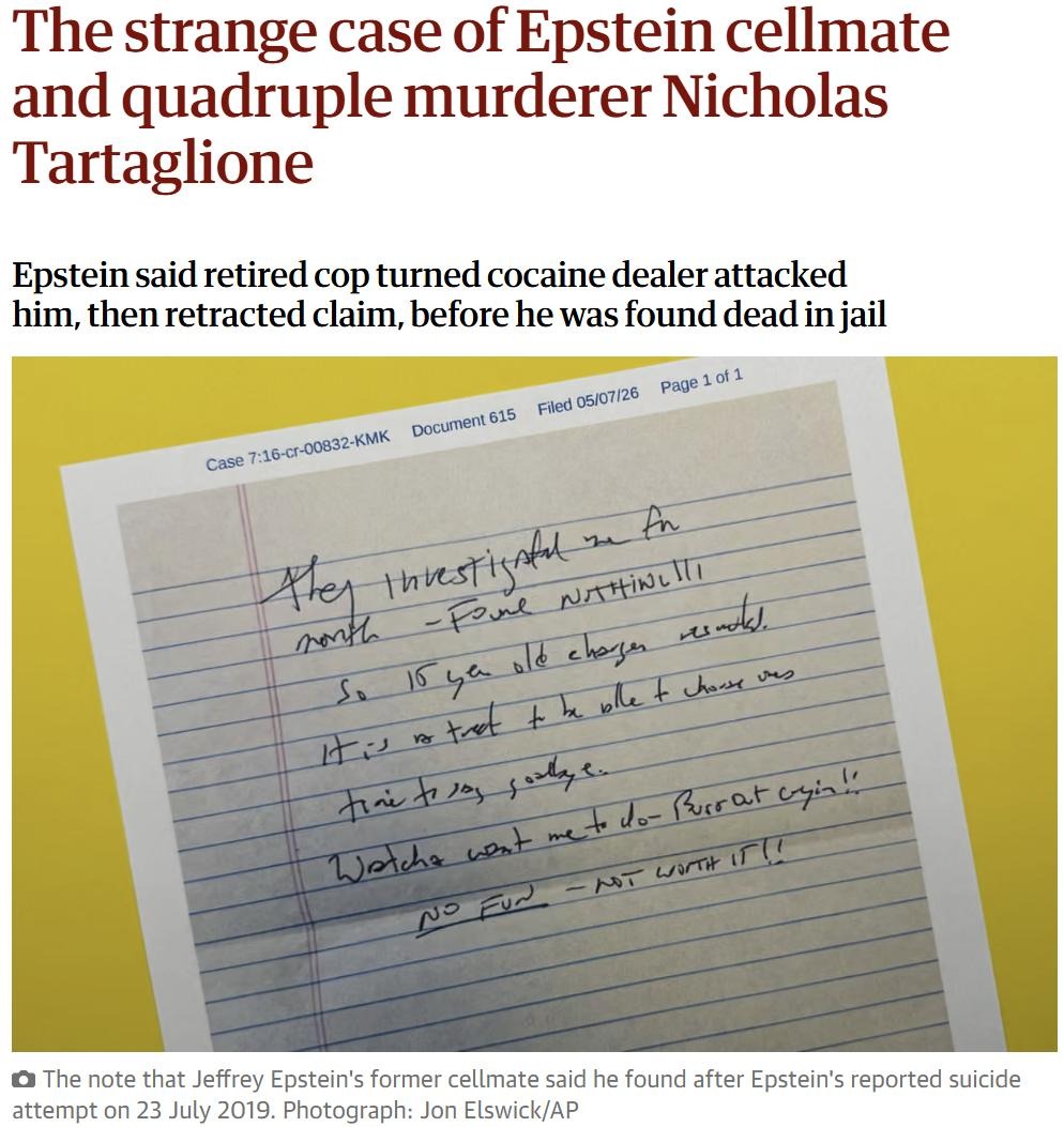 MarkLynchSC's tweet photo. Tell us more about Nick Tartaglione, Dan.

Here are the phone numbers Epstein's jailer called just before Jeffrey Epstein turned up dead. 

What are the names of the people on Targagliione's call sheet? 

Whom did Tartaglione speak with just before Epstein "killed himself"? 

Was Jeffrey Epstein murdered by Nicholas Tartaglione? 

Seems likely. The guy is in prison serving four life terms for murder at the moment. 

Clay Tiffany was a local gadfly who was repeatedly assaulted by then-cop Nicholas Tartaglione. 

Tiffany, who died in 2015 allegedly of natural causes, reported that Tartaglione told him that he -- Tartaglione -- was in the mafia. 

Was Tiffany correct about Tartaglione being in the Mafia?

Remember, Tartaglione was prosecuted for a brutal quadruple murder. 

https://t.co/npoAetWuxe

In 2015, Epstein was identified as part of probe code named Operation Chain Reaction by the DEA's Special Operations Division and the Organized Crime Drug Enforcement Task Forces. 

Tartaglione, then facing murder charges, called Epstein a “rat”. 

In a series of audio interviews with Jessica Kraus, Tartaglione discusses Epstein becoming an informant for the Department of Justice.

The NY Times conveniently ignores that claim.

https://t.co/mo377vnuhw

Is it possible Epstein was cooperating with authorities?

If he was, is it likely that organized crime didn't want him talking with th feds and ruining their drug racket? 

We're talking about organized crime on a global scale, and international drug trafficking, running right through to top donors that could even reach top donors and the White House.  

We need COMPLETE TRANSPARENCY and TOTAL RELEASE of the Epstein files.