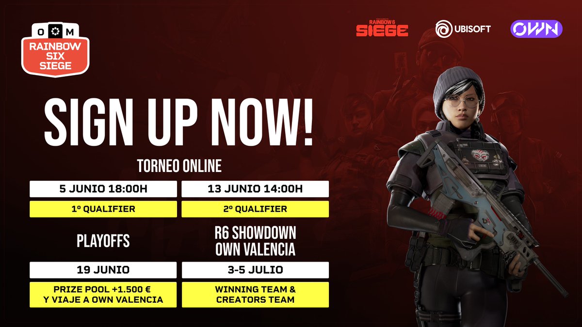 OpenWorldNowcom's tweet photo. OWN Masters: Rainbow Six Siege llega a OWN Valencia 🔥

Una competición abierta con fase online, premios en metálico y experiencia presencial dentro del festival 🎮

🏆 1.000€ para el equipo ganador y 500€ para el subcampeón
✈️ Viaje y alojamiento para vivir OWN Valencia desde dentro
🎟️ Premios Ubisoft, entradas y mucho más

Y esto es solo el principio 👀

Los ganadores del torneo online viajarán a OWN para jugar un showdown presencial junto a @Caramelo_ESP, @Vetel_GG, @donMiwell, @Barrag4n  y @SoraMusicR6, con @Scythe_R6 como host del show 🎤

Además, Siege también estará presente en el evento con actividades exclusivas: mesa redonda, Beat the Pro y torneo LAN ⚡

📅 Clasificatorios: 5 y 13 de junio
🔥 Playoffs: 19 de junio

🖇️ Inscripciones ya abiertas: https://t.co/XPIihKywAv