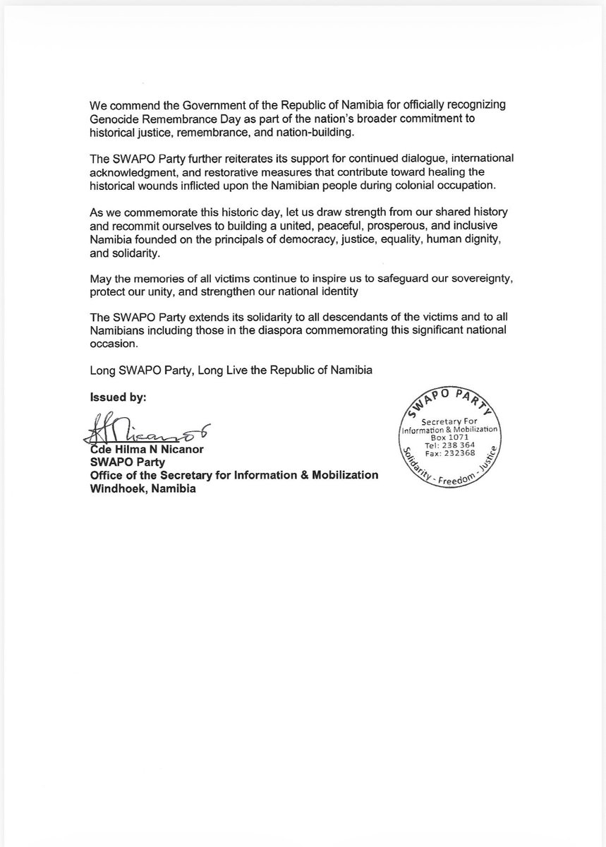 SWAPONamibia's tweet photo. STATEMENT BY THE SWAPO PARTY ON OCCASION OF NAMIBIA’S GENOCIDE REMEMBRANCE DAY -28 May 2026

Today, the SWAPO Party joins the Government and people of the Republic of Namibia throughout the length and breadth of the land of the brave….

Read full statement here 👇🏿👇🏿👇🏿… 🗞️ https://t.co/Q4ftd1ZymO