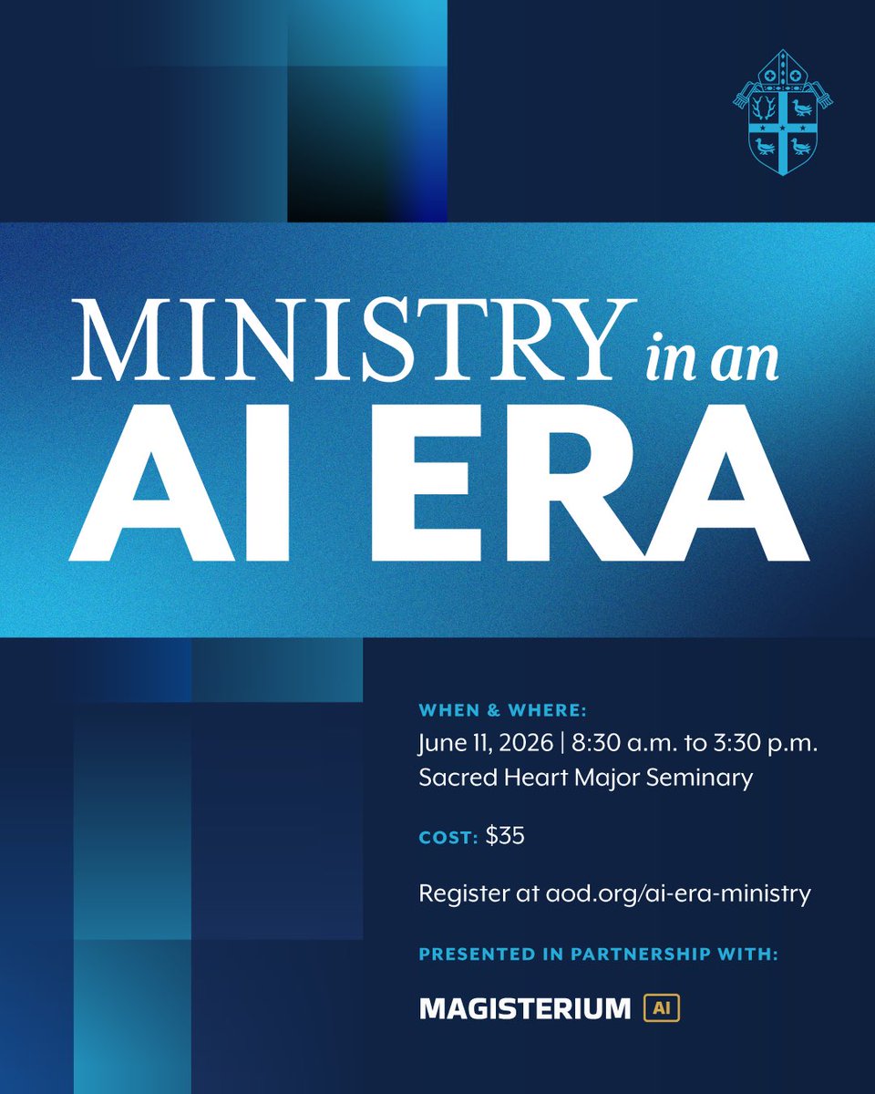 ArchofDet's tweet photo. How should the Church respond in an age of Artificial Intelligence?

Join Catholic leaders and AI practitioners for a conversation on the future of ministry in the AI era.

📍 Sacred Heart Major Seminary, Detroit
📅 Thursday, June 11
⏰ 8:30 a.m. to 3:30 p.m. https://t.co/M2nvpA3Hp5