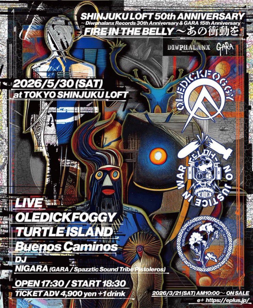 Sunao1974's tweet photo. 5/30（土）新宿LOFT
Diwphalanx Records &amp; GARA 企画

【LIVE】
OLEDICKFOGGY
TURTLE ISLAND
Buenos Caminos

【DJ】
NIGARA

BCは2番目19:50〜予定！
🎫予約DMで受付中！ https://t.co/ZMzxI2eIar