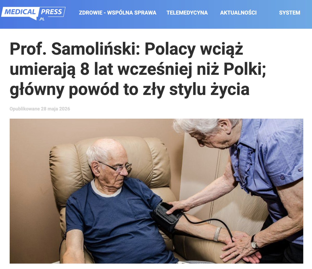 MedicalpressPL's tweet photo. Mężczyźni w Polsce wciąż żyją wyjątkowo krótko jak na Europę –  umierają 8 lat wcześniej niż kobiety - wskazuje prof. Bolesław  Samoliński z Warszawskiego Uniwersytetu Medycznego. Jego zdaniem głównym  tego powodem jest zły styl życia naszych rodaków.
https://t.co/6XZ98vh7zi https://t.co/ntlslLwwYN